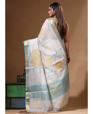 Off-white mal chanderi with applique work saree with blouse piece 3