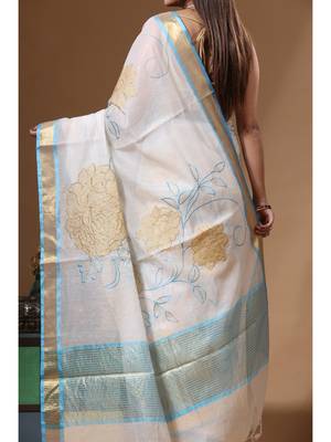Off-white mal chanderi with applique work saree with blouse piece 4
