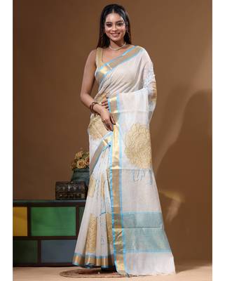 Off-white mal chanderi with applique work saree with blouse piece 5