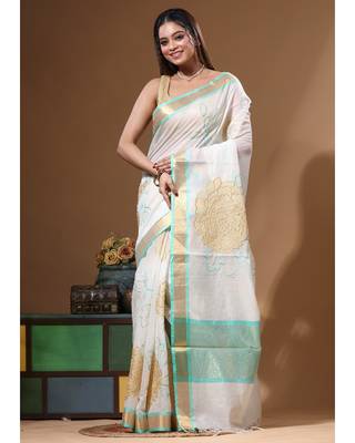 Off-white mal chanderi with applique work saree with blouse piece 1