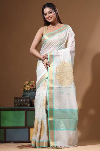 Off-white mal chanderi with applique work saree with blouse piece