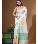 Off-white mal chanderi with applique work saree with blouse piece