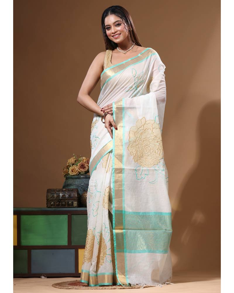 Off-white mal chanderi with applique work saree with blouse piece