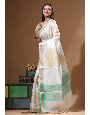 Off-white mal chanderi with applique work saree with blouse piece 2