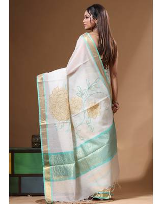 Off-white mal chanderi with applique work saree with blouse piece 3