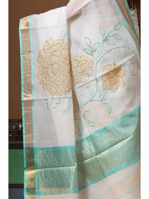 Off-white mal chanderi with applique work saree with blouse piece 4