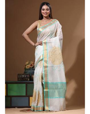 Off-white mal chanderi with applique work saree with blouse piece 5