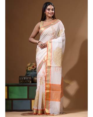 Off-white mal chanderi with applique work saree with blouse piece 1