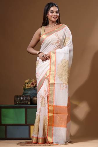 Off-white mal chanderi with applique work saree with blouse piece