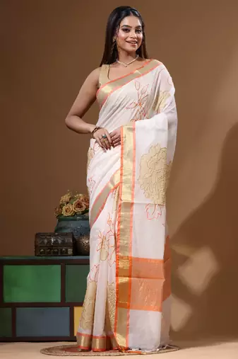 Off-white mal chanderi with applique work saree with blouse piece