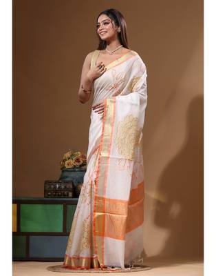 Off-white mal chanderi with applique work saree with blouse piece 2