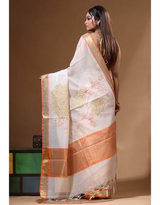 Off-white mal chanderi with applique work saree with blouse piece 3