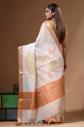 Off-white mal chanderi with applique work saree with blouse piece