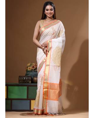 Off-white mal chanderi with applique work saree with blouse piece 5