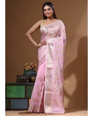 Pink mal chanderi with applique work saree with blouse piece 1