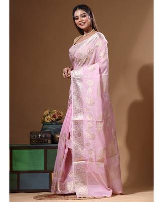 Pink mal chanderi with applique work saree with blouse piece 2