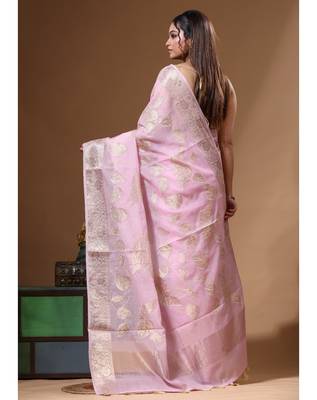 Pink mal chanderi with applique work saree with blouse piece 3