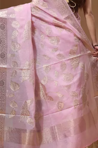 Pink mal chanderi with applique work saree with blouse piece