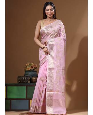 Pink mal chanderi with applique work saree with blouse piece 5