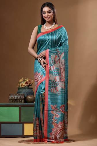 Multicolour semi - tussar with digital print saree with blouse piece