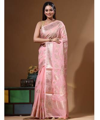 Peach mal chanderi with applique work saree with blouse piece 1