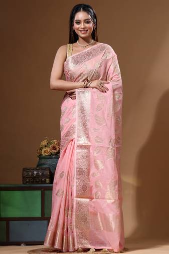 Peach mal chanderi with applique work saree with blouse piece