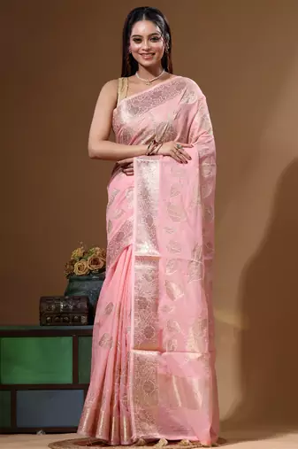 Peach mal chanderi with applique work saree with blouse piece