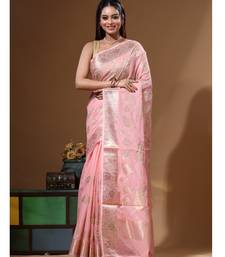 Peach mal chanderi with applique work saree with blouse piece