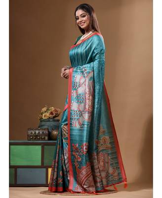 Multicolour semi - tussar with digital print saree with blouse piece 2