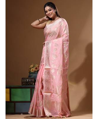 Peach mal chanderi with applique work saree with blouse piece 2
