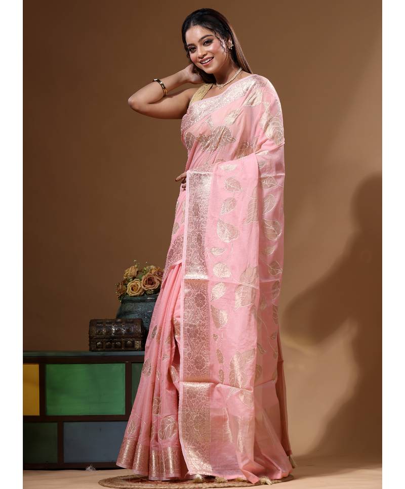 Peach mal chanderi with applique work saree with blouse piece