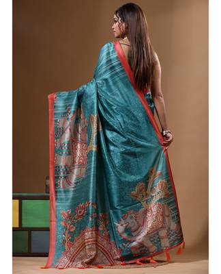 Multicolour semi - tussar with digital print saree with blouse piece 3