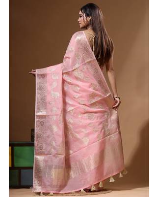 Peach mal chanderi with applique work saree with blouse piece 3