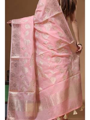 Peach mal chanderi with applique work saree with blouse piece 4
