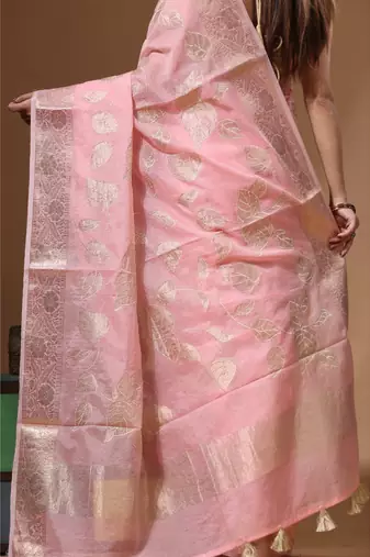 Peach mal chanderi with applique work saree with blouse piece