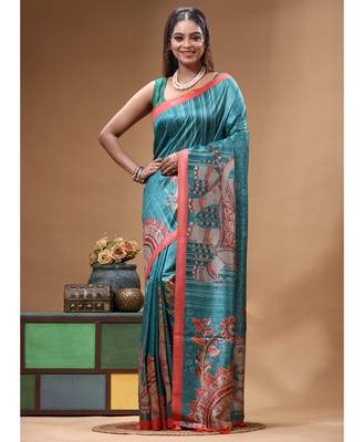 Multicolour semi - tussar with digital print saree with blouse piece 4