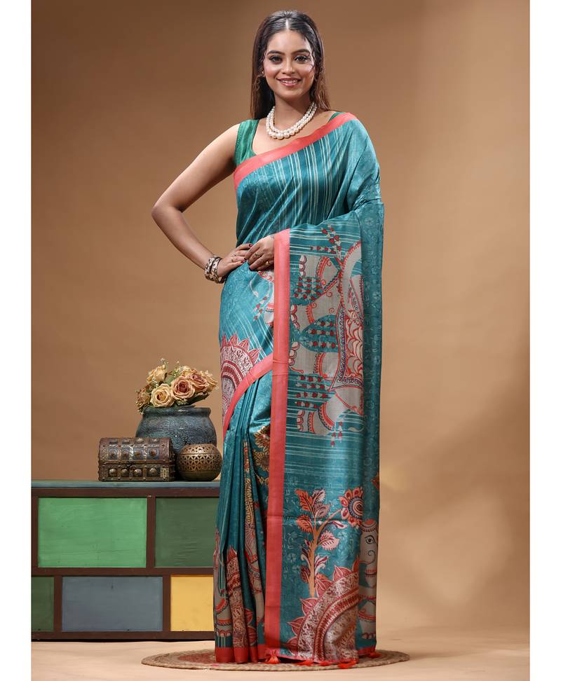 Multicolour semi - tussar with digital print saree with blouse piece