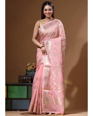 Peach mal chanderi with applique work saree with blouse piece 5