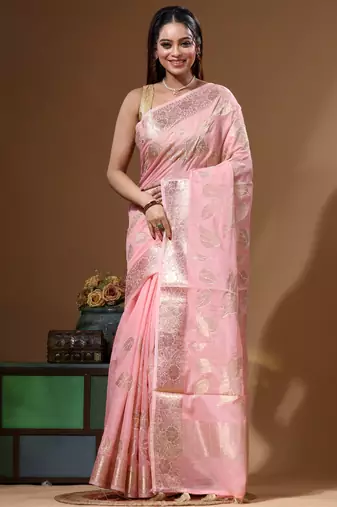 Peach mal chanderi with applique work saree with blouse piece