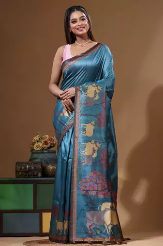 Multicolour semi - tussar with digital print saree with blouse piece