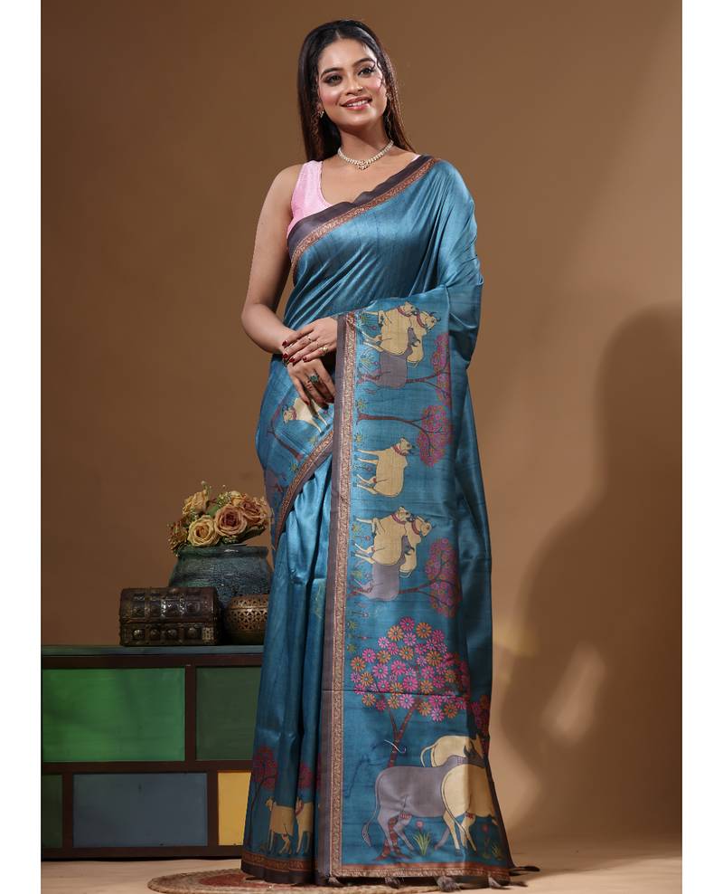 Multicolour semi - tussar with digital print saree with blouse piece