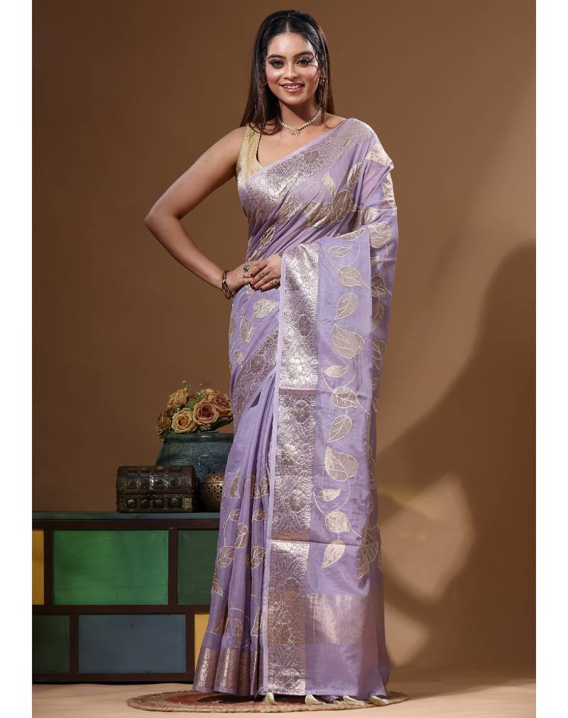 Lavendar mal chanderi with applique work saree with blouse piece