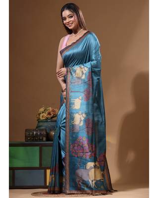 Multicolour semi - tussar with digital print saree with blouse piece 2