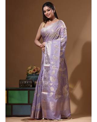 Lavendar mal chanderi with applique work saree with blouse piece 2