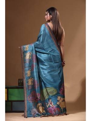 Multicolour semi - tussar with digital print saree with blouse piece 3