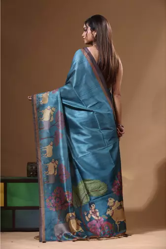 Multicolour semi - tussar with digital print saree with blouse piece