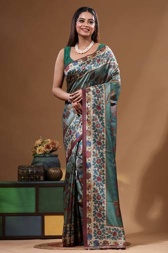 Multicolour semi - tussar with digital print saree with blouse piece