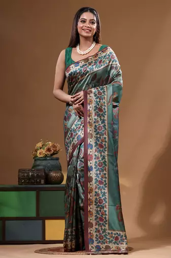 Multicolour semi - tussar with digital print saree with blouse piece