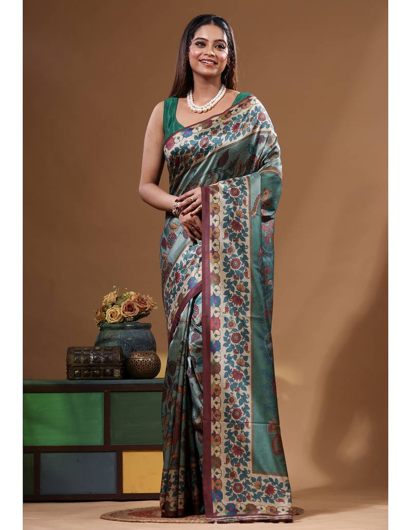 Multicolour semi - tussar with digital print saree with blouse piece
