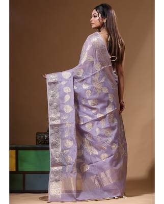 Lavendar mal chanderi with applique work saree with blouse piece 3